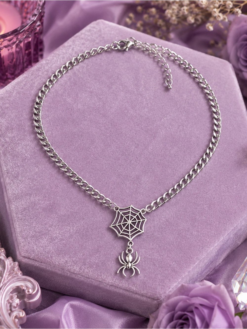 Silver Spiderweb Pendant Necklace - Women Jewelry
